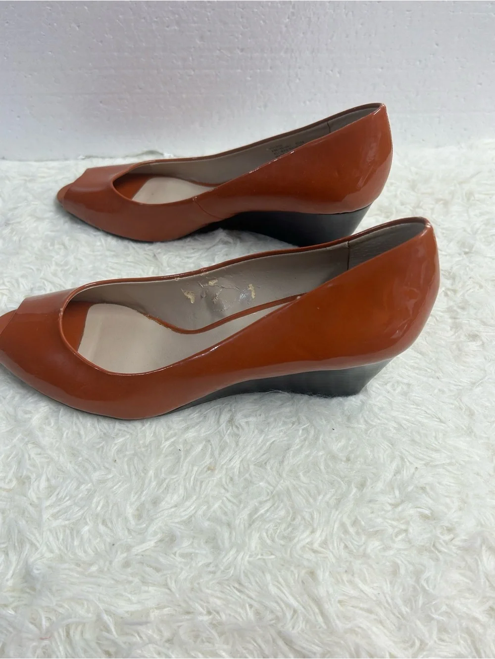 Franco Sarto Women's Open-Toe Patent Pumps in Cognac Brown